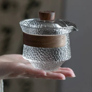 Hammered transparent glass gaiwan with wood handle and lid knob, main product view