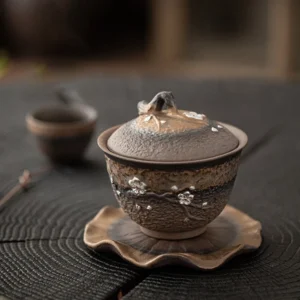 Hand-carved plum blossom porcelain gaiwan 6.7oz front view