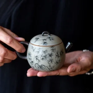 Full view of hand painted bamboo blue and white 6oz porcelain teapot