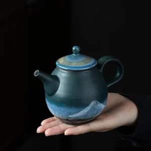 hand painted blue green mountain starry porcelain teapot full view 7oz