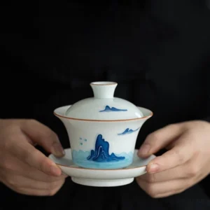 Full hand-painted blue mountain cloud porcelain gaiwan tea set with matching teacups