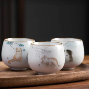4oz hand painted cat ceramic chinese tea cup with ice crackle texture