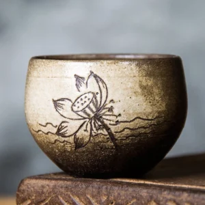 Hand-painted vintage Chinese clay tea bowl 2.7oz, rustic earthy texture side view