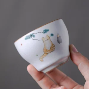 collection of 5 styles hand-painted chinese ceramic tea bowls with cute cat and traditional patterns