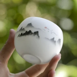 Hand-painted ink wash mountain landscape 5oz Chinese ceramic tea bowl main view