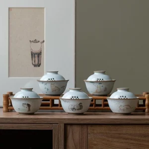 Hand-painted cute cat crackle glaze porcelain gaiwan 3.4oz, traditional Chinese tea bowl