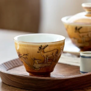 Hand painted deer warm brown gradient chinese ceramic tea bowl full set view