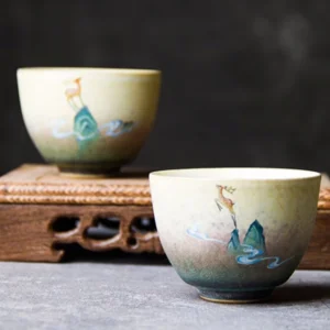 Hand painted deer landscape gradient ceramic Chinese tea bowl full view