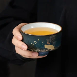 Hand Painted Gold Natural Motif Deep Blue Chinese Ceramic Tea Bowl