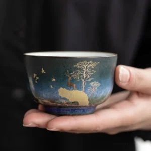 Hand-painted golden deer blue-green gradient Chinese ceramic Gongfu tea cup