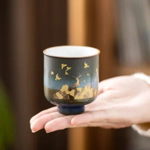 Hand-painted golden deer gradient blue green porcelain tea cup 2.4oz