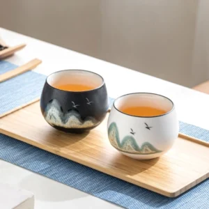 Hand-painted mountain bird Chinese ceramic tea bowl 4.4oz overall view