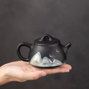 Hand-painted mountain landscape black porcelain gongfu teapot 7.4oz full view