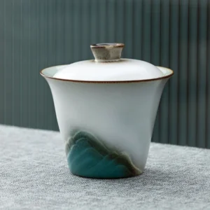 Hand-painted mountain landscape porcelain gaiwan 5oz front view