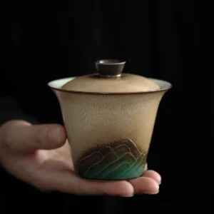 Hand-painted mountain landscape porcelain gaiwan and tea canister set full view