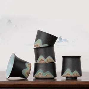 hand-painted mountain pattern porcelain tea cup front view