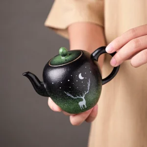 Hand-painted black green gradient night deer porcelain teapot 7oz full product view