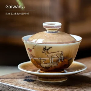 Hand-painted deer plum blossom porcelain gaiwan 5oz full product view