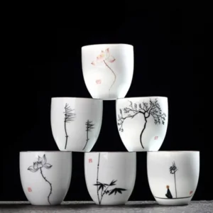 Set of 6 hand-painted porcelain zen tea cups with Chinese traditional patterns