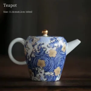 Hand-painted blue and gold starry sky porcelain teapot full view