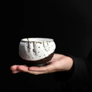 Handcrafted 4oz Japanese Ceramic Tea Bowl front view with gold speckle detail