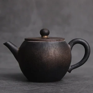 Handcrafted rustic black porcelain teapot full view, 5oz vintage speckled ceramic teapot