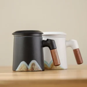 full set handcrafted ceramic mountain tea infuser mug with lid and wooden handle