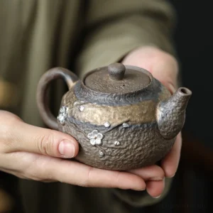 Handcrafted coarse pottery plum blossom teapot 7oz earthy brown with silver floral motif