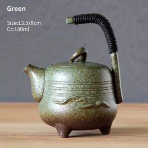6oz handcrafted green ceramic tripod teapot with wrapped rope handle mountain relief