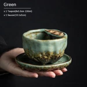 Handcrafted green lotus ceramic tea pot and saucer, natural textured Chinese tea set