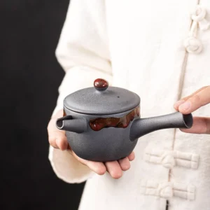 Handcrafted Ceramic Japanese Kyusu Teapot 7.4oz Full Side View