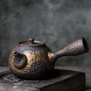 Full side view of 7.4oz handcrafted textured metallic accent porcelain kyusu teapot