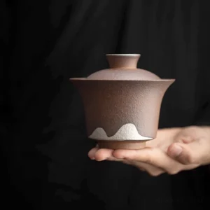 Handcrafted deep brown clay gaiwan with white mountain pattern full set view