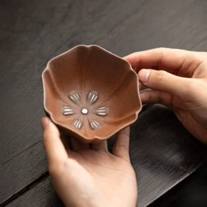 Handcrafted petal shape natural clay 4oz Japanese tea bowl front view
