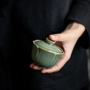 Handcrafted petal shape Longquan celadon porcelain gaiwan full view