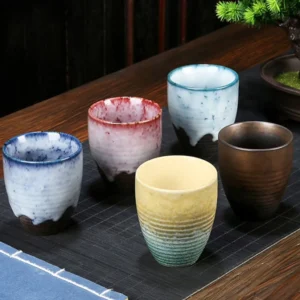 Handcrafted glazed porcelain japanese style tea cup collection display