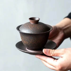 Handcrafted rustic brown speckled porcelain gaiwan 6oz travel tea bowl