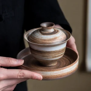 Full set view of handcrafted rustic clay gaiwan 3.4oz