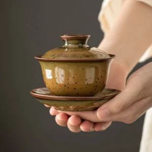 Handcrafted warm amber speckled porcelain gongfu gaiwan 4.7oz full view