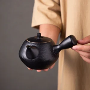 Handcrafted textured black clay kyusu side handle teapot 9.5oz