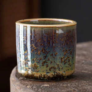 handmade crystalline glaze chinese tea bowl gradient yellow green to blue purple front view