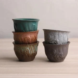 Handmade embossed vintage Chinese ceramic Gongfu tea cup collection full view