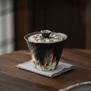 Handmade porcelain gaiwan with lotus seed pod lid natural texture front view