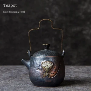 Handmade wabi-sabi porcelain lotus teapot with bronze metal handle main view