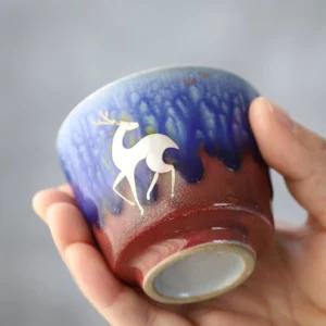 full set collection of handmade kiln change porcelain tea cups with deer fish and blue and white patterns