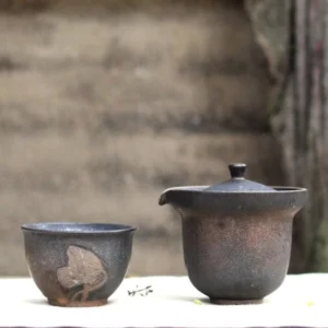 handmade rough ceramic travel chawan set full view nested design