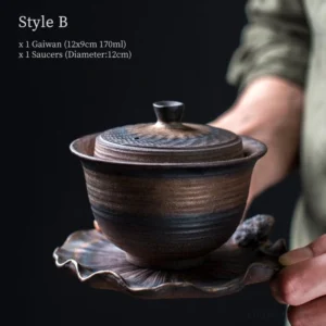Handmade rough pottery porcelain gaiwan with lotus leaf saucer style B