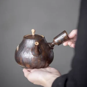 Handmade textured deep brown porcelain kyusu side handle teapot 15oz full product view