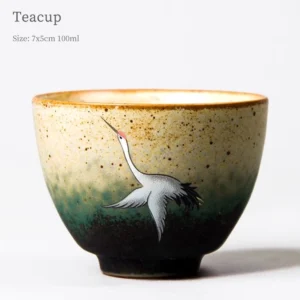 Handpainted red-crowned crane Chinese gradient glaze tea cup side view