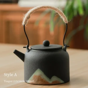Black ink mountain porcelain teapot style a with rope wrapped metal handle